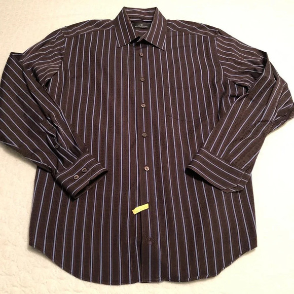 Bugatchi uomo Shirt Mens Large Blue Brown Striped Cotton Button Up Long Sleeve - Picture 1 of 10